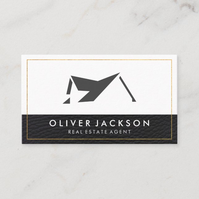 Real Estate Home Icon | Leather Trim Gold Border Business Card (Front)