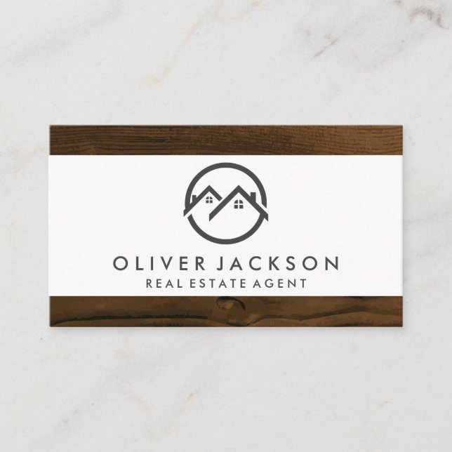 Real Estate Home Icon | Wood Trim Business Card (Front)