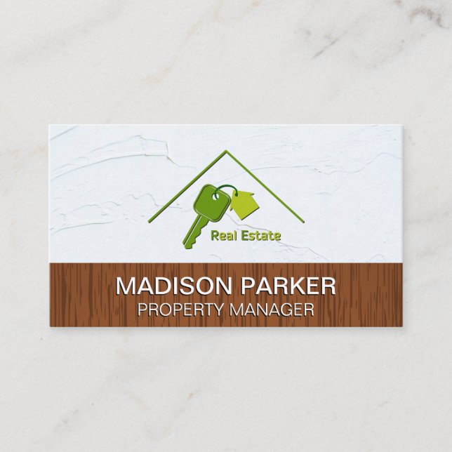 Real Estate Home Keys Logo | Wood Spackled Wall Business Card (Front)