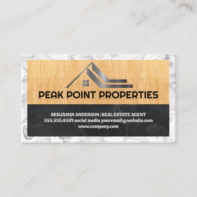 Real Estate Home Logo | Wood Marble Business Card (Front)