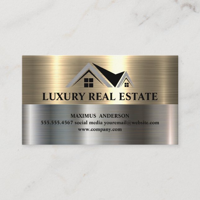 Real Estate Home | Metallic Gold | Steel Metal Business Card (Front)