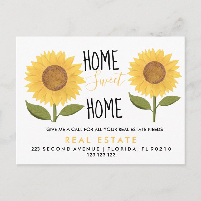 real estate home sweet home sunflowers  announcement postcard (Front)