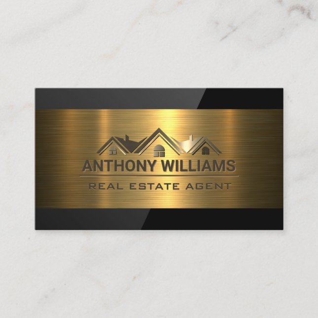 Real Estate Homes | Gold Metallic | Black Gloss Business Card (Front)