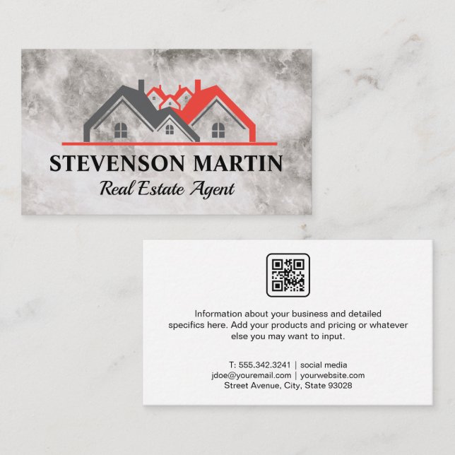 Real Estate Homes Logo | Marble Texture | QR Code Business Card (Front/Back)