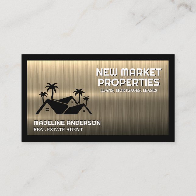 Real Estate Homes Palm Tress | Gold Metallic Business Card (Front)