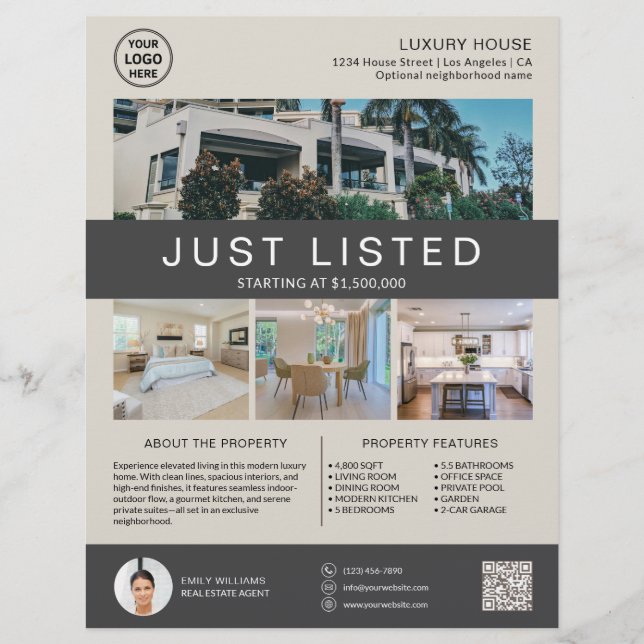 Real Estate House for Sale Logo Photo QR Neutral Flyer (Front)