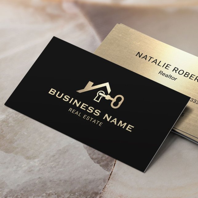 Real Estate House & Key Logo Black & Gold Realtor Business Card (Creator Uploaded)
