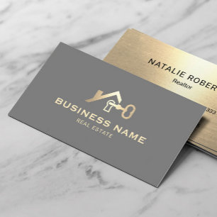 Real Estate House & Key Logo Elegant Gold Realtor Business Card