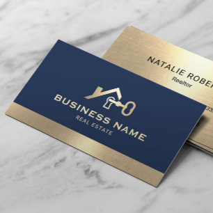Real Estate House & Key Logo Navy & Gold Realtor Business Card