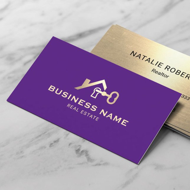 Real Estate House & Key Logo Purple & Gold Realtor Business Card (Creator Uploaded)