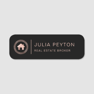 Real Estate House Logo Greek Key Black Rose Gold Name Tag