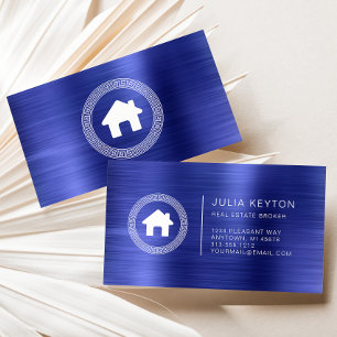 Real Estate House Logo Greek Key Frame Blue White Business Card
