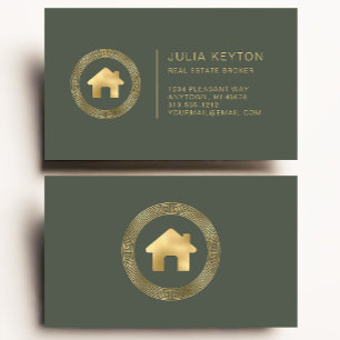 Real Estate House Logo Greek Key Sage Green Gold Business Card