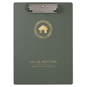 Real Estate House Logo Greek Key Sage Green Gold Clipboard