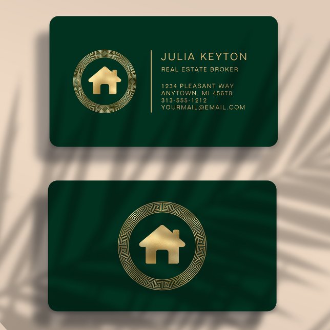 Real Estate House Logo Green Gold Rounded Business Card (Creator Uploaded)