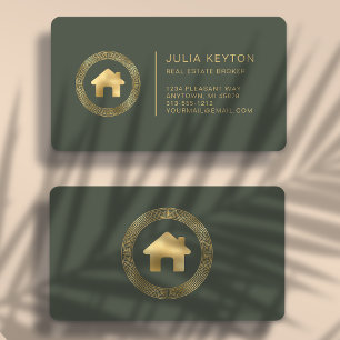 Real Estate House Logo Sage Green Gold Rounded Business Card
