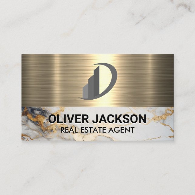 Real Estate Icon | Gold Marble | Metallic Business Card (Front)