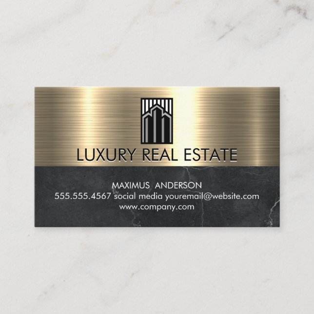 Real Estate Icon | Metallic Gold Marble Business Card (Front)