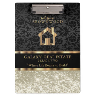 Real Estate - Ivory Glitter and Black Damask  Clip Clipboard