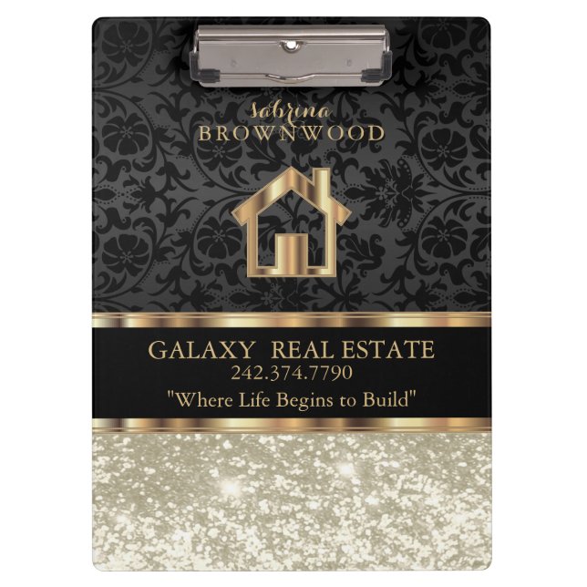 Real Estate - Ivory Glitter and Black Damask  Clip Clipboard (Front)