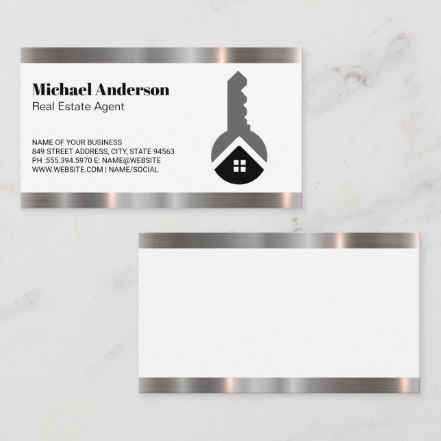 Real Estate Key Home Logo | Metal Trim Business Card (Front/Back)