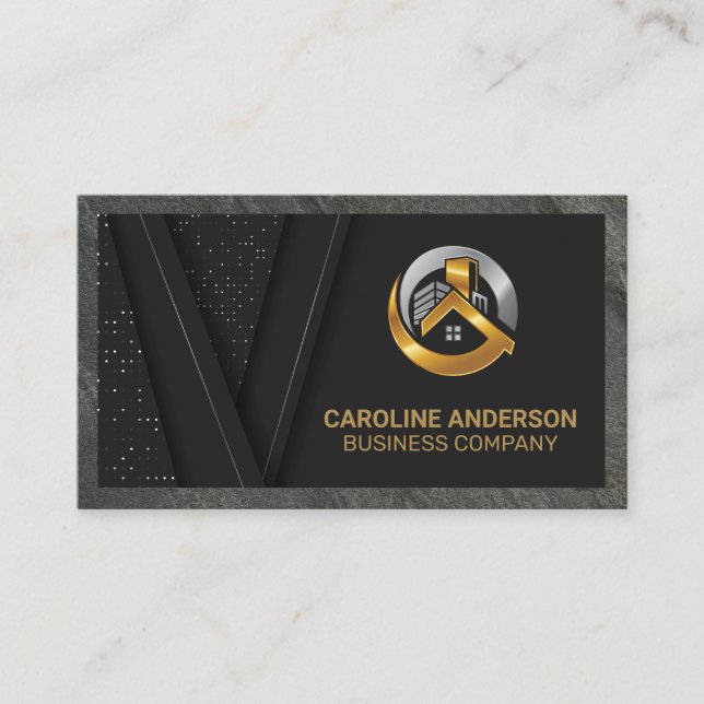 Real Estate Logo | Black Gold Background Business  Business Card (Front)