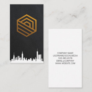 Real Estate Logo   CitySkyline   Leather Backgroun Business Card