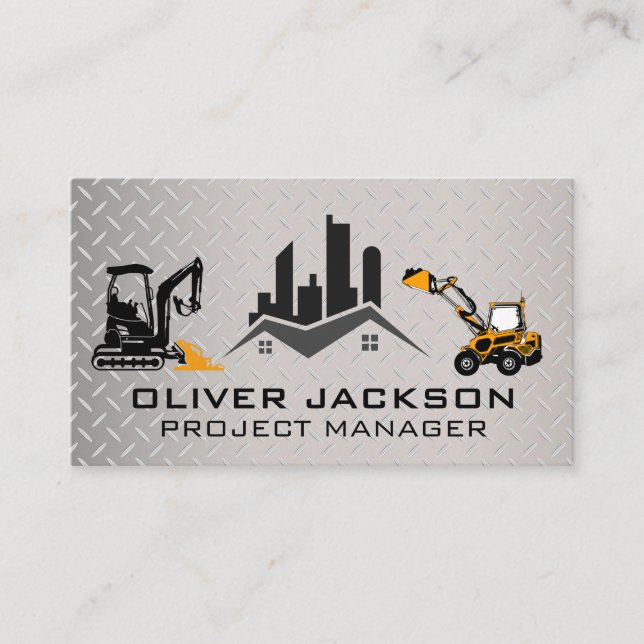 Real Estate Logo | Construction Vehicles | Steel Business Card (Front)