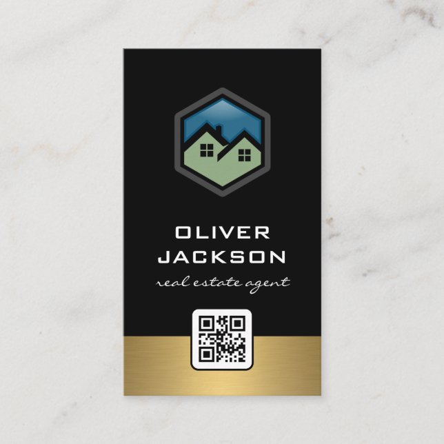 Real Estate Logo | Gold Trim | QR Barcode Business Card (Front)