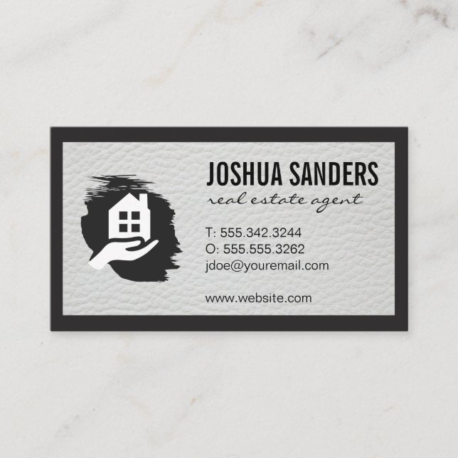  Real Estate Logo | Leather Trim | Black Border Business Card (Front)