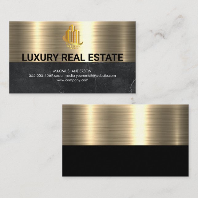 Real Estate Logo | Metallic Gold Black Marble Business Card (Front/Back)