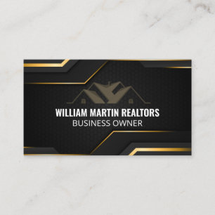 Real Estate Logo   Metallic Gold Geometric Black Business Card