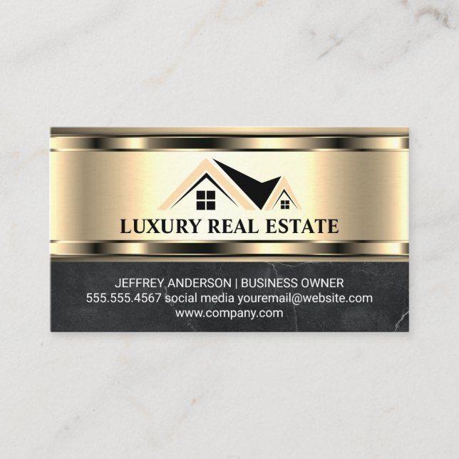 Real Estate Logo | Metallic Gold Marble  Business Card (Front)