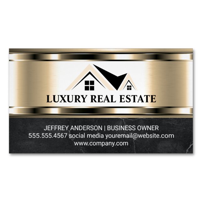 Real Estate Logo | Metallic Gold Marble  Magnetic Business Card (Front)