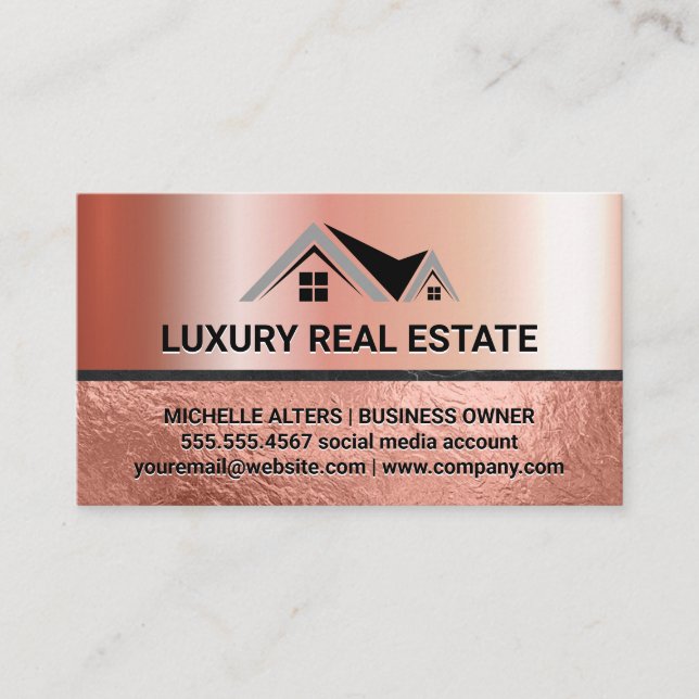 Real Estate Logo | Rose Gold Foil | Luxury Business Card (Front)