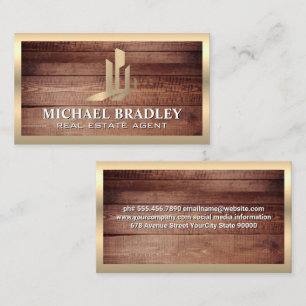Real Estate Logo   Rustic Wood Gold Metal Business Card