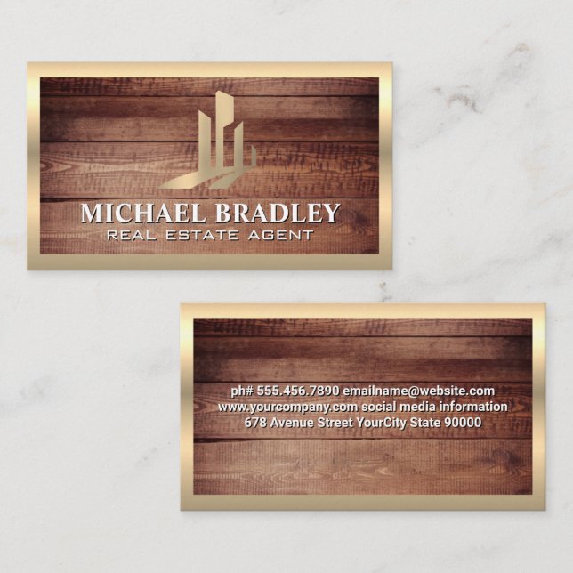 Real Estate Logo | Rustic Wood Gold Metal Business Card (Front/Back)