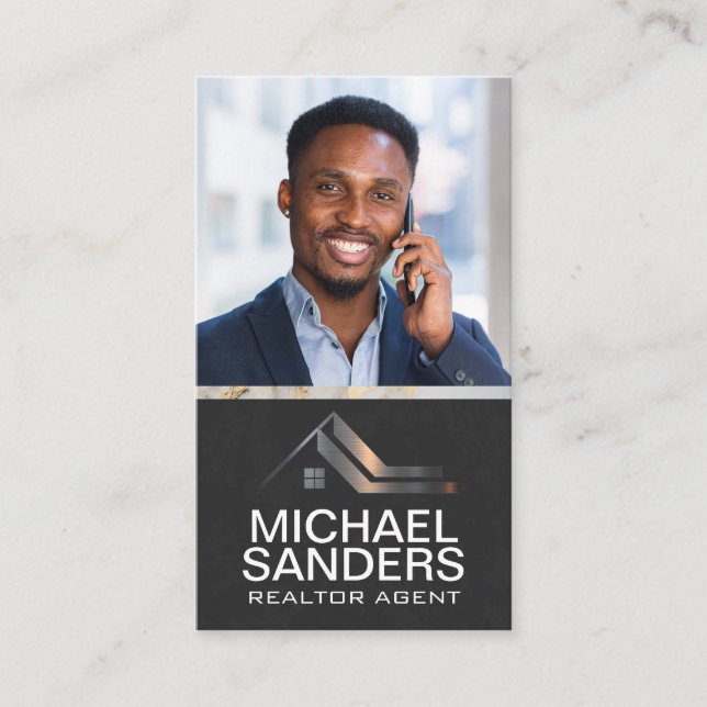 Real Estate Metal Logo | Business Man on Phone Business Card (Front)
