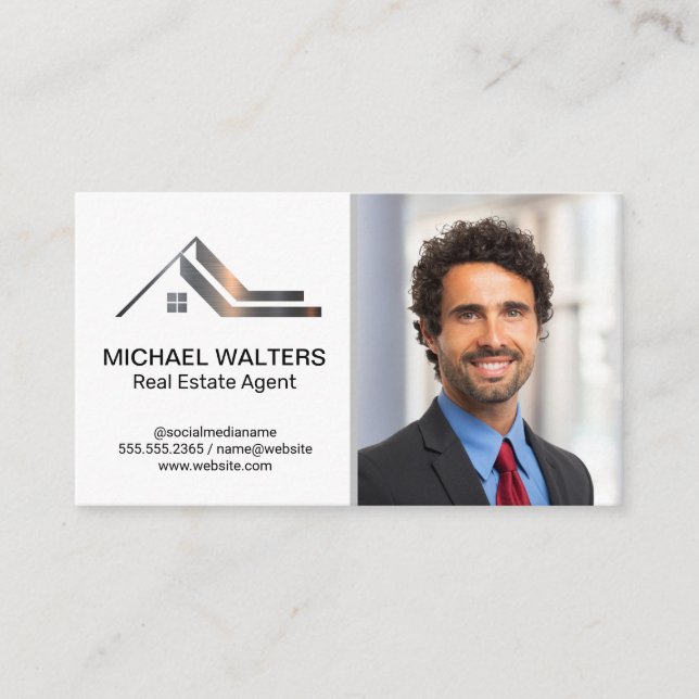 Real Estate Metallic Logo | Business Man Business Card (Front)