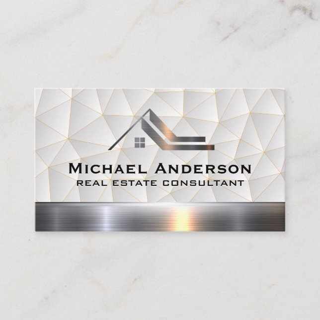 Real Estate Metallic Logo | Geometric Background Business Card (Front)
