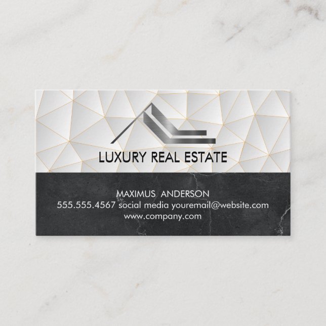 Real Estate Metallic Logo | Geometric | Marble Business Card (Front)