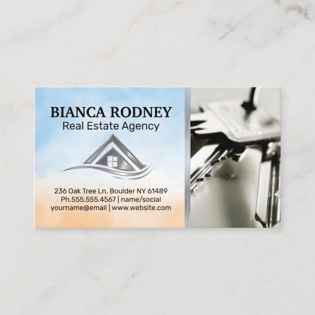 Real Estate Metallic Logo | House Keys Business Card (Front)