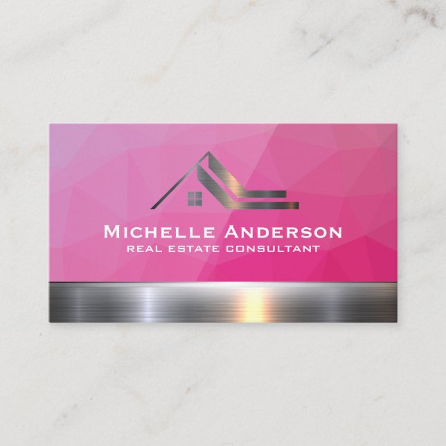 Real Estate Metallic Logo | Magenta Geometric Business Card (Front)