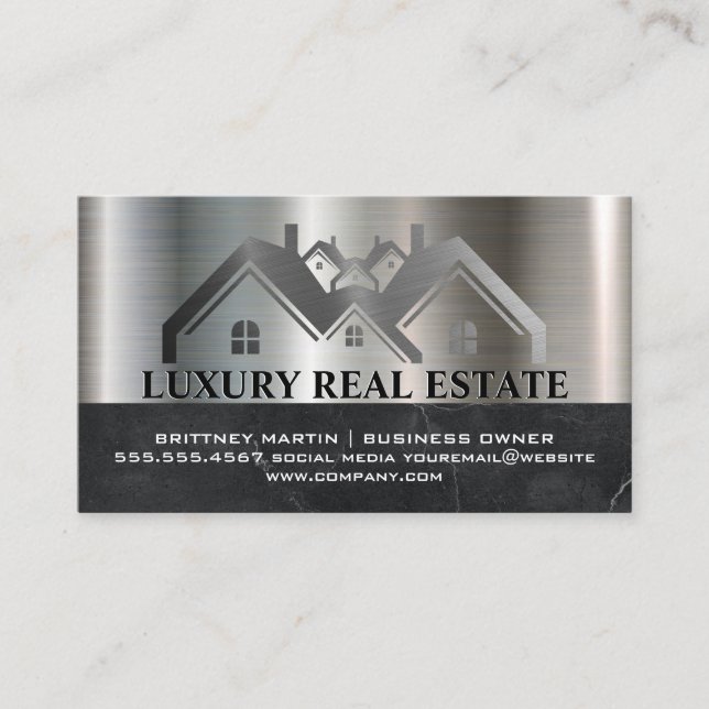 Real Estate Metallic Property Logo | Marble Business Card (Front)