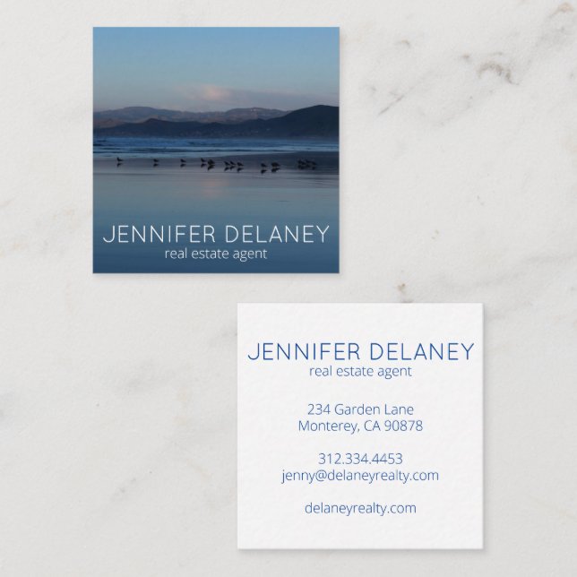 Real Estate Modern Beach Waves Birds Sunset Photo Square Business Card (Front/Back)