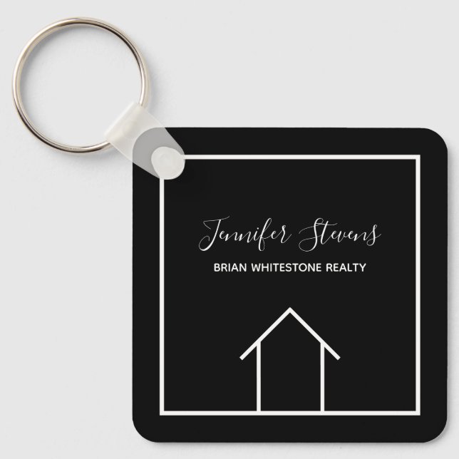 Real Estate Modern Black White Custom Open House Key Ring (Front)