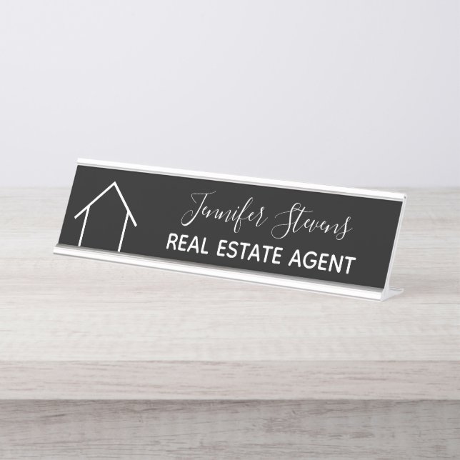Real Estate Modern Black White Minimalist Realtor Desk Name Plate (Front)