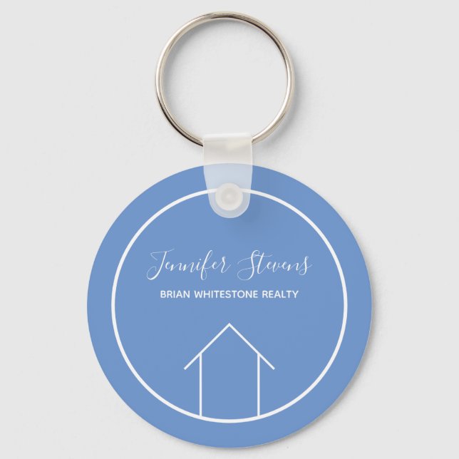 Real Estate Modern Blue White Custom Cute Realtor Key Ring (Front)