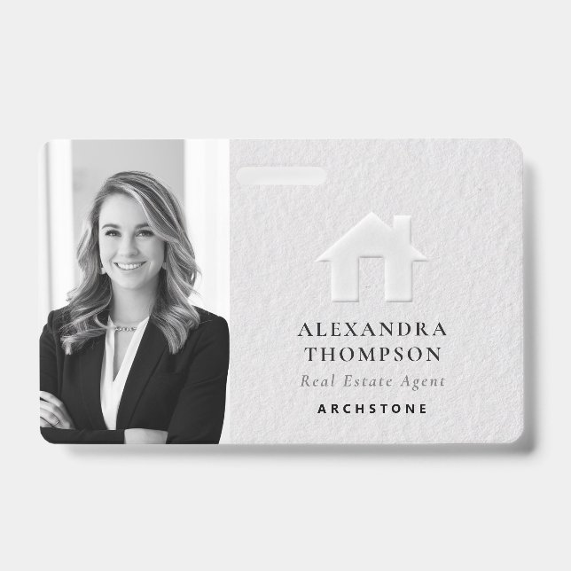 Real Estate Modern Elegant Black White QR Photo ID Badge (Front)
