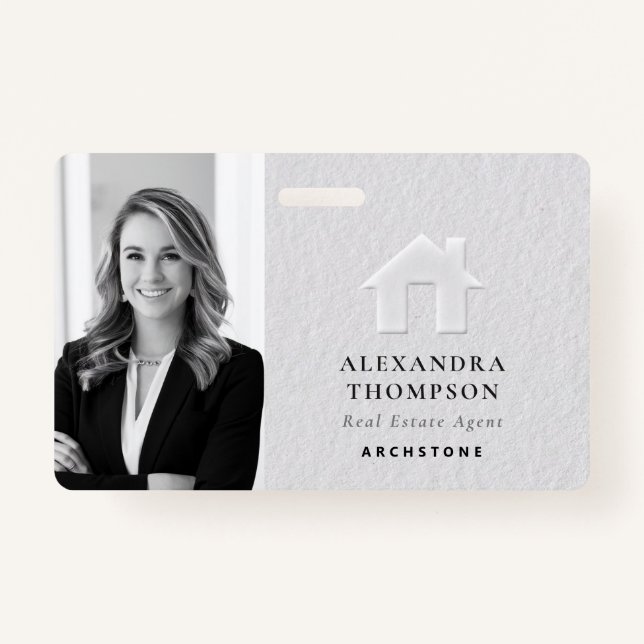 Real Estate Modern Elegant Black White QR Photo ID Badge (Front)